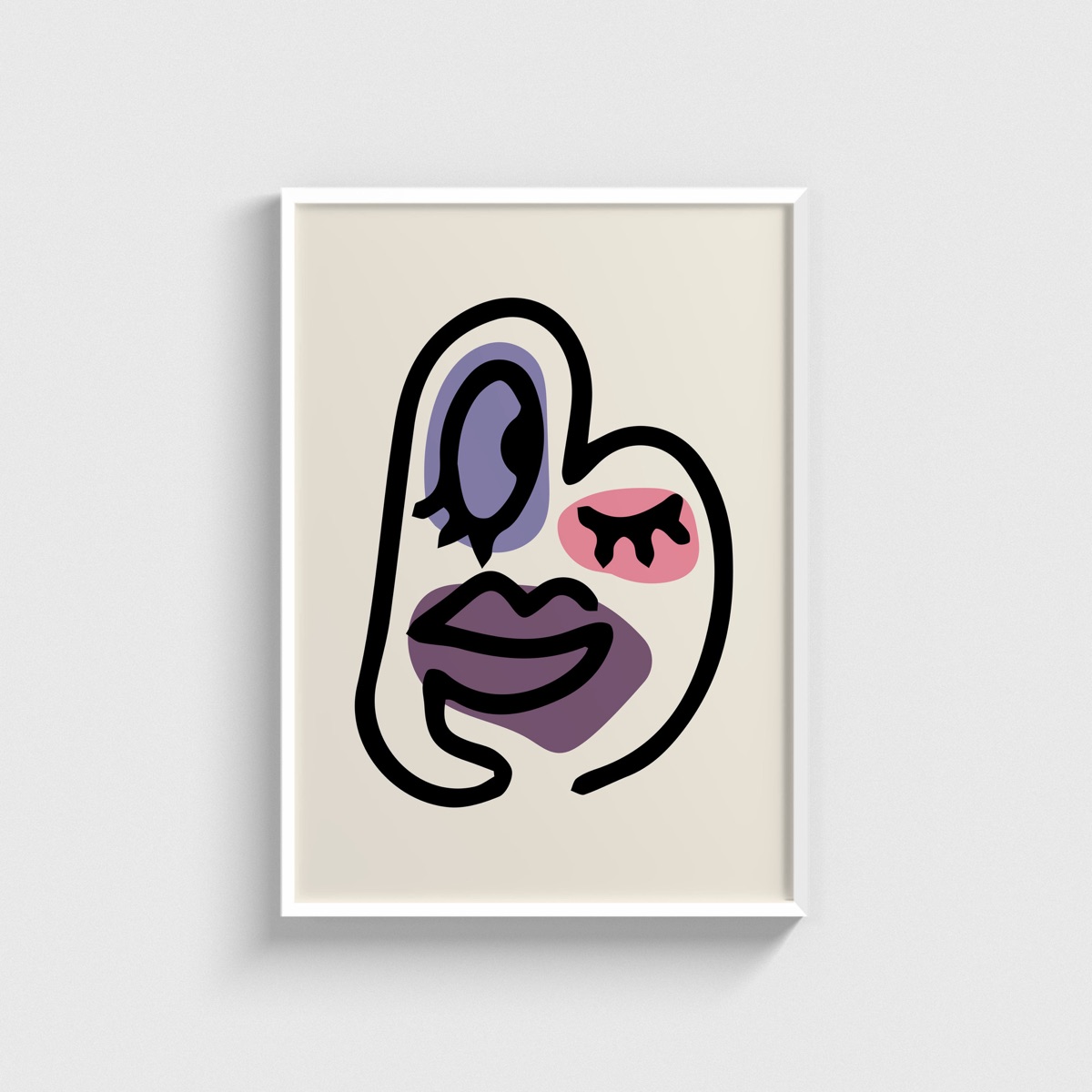 Mor Dudaklı Oval Yüz line art posteri, beyaz çerçeveli tablo