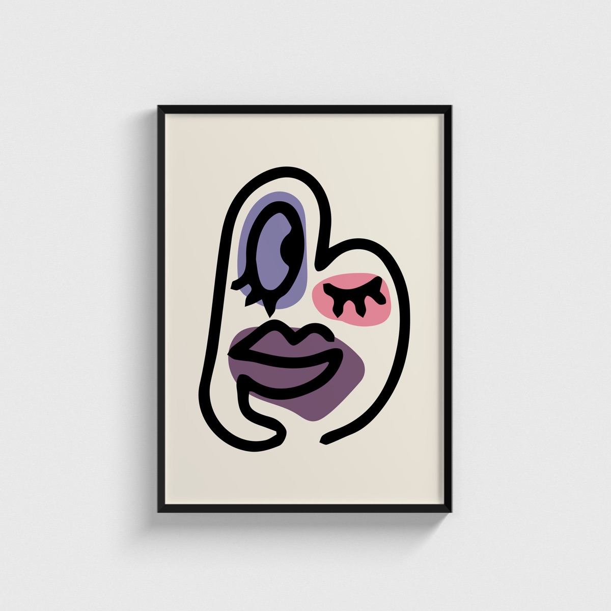 Mor Dudaklı Oval Yüz line art posteri, siyah çerçeveli tablo