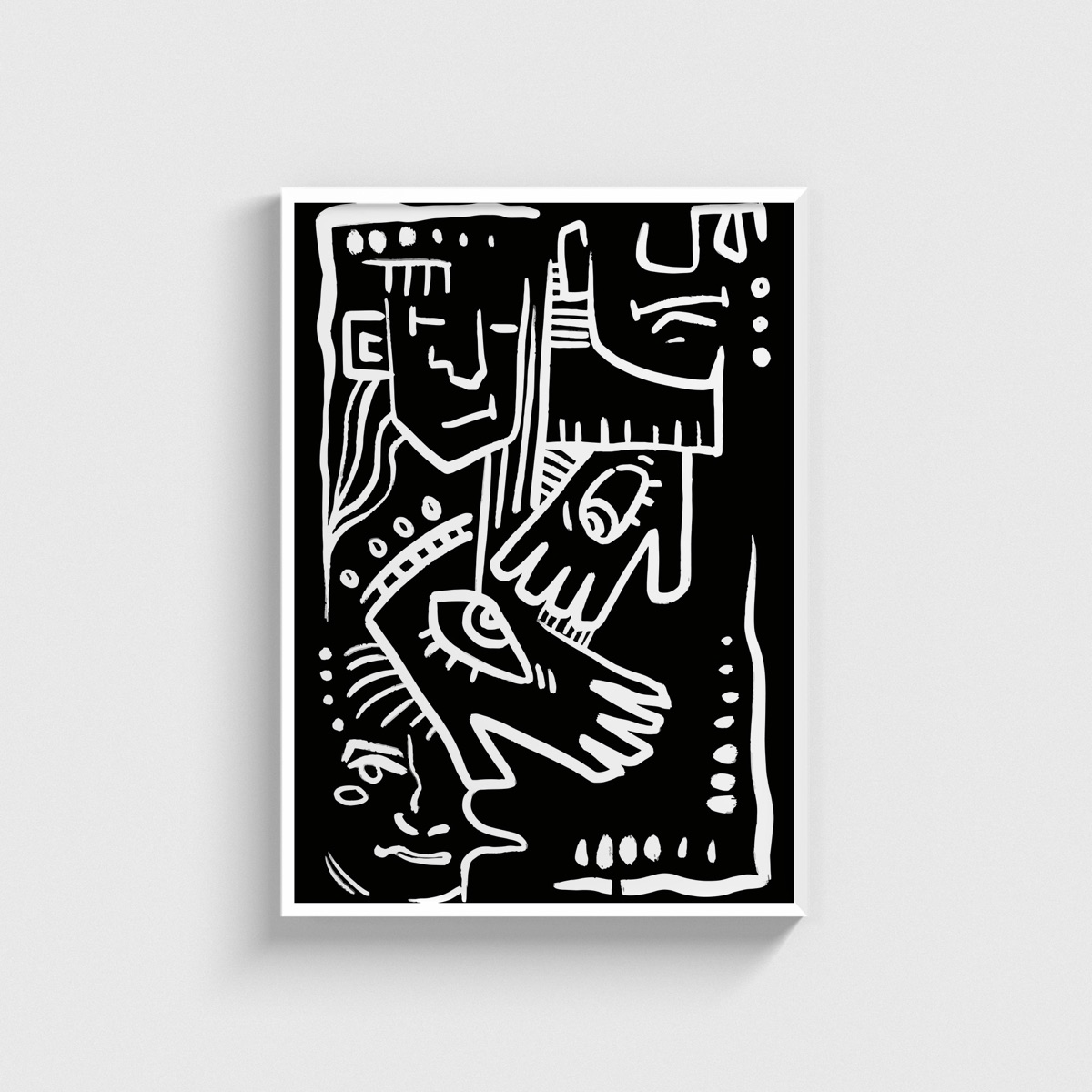 Siyah Zeminde Beyaz Çizgi Figürler line art posteri, beyaz çerçeveli tablo