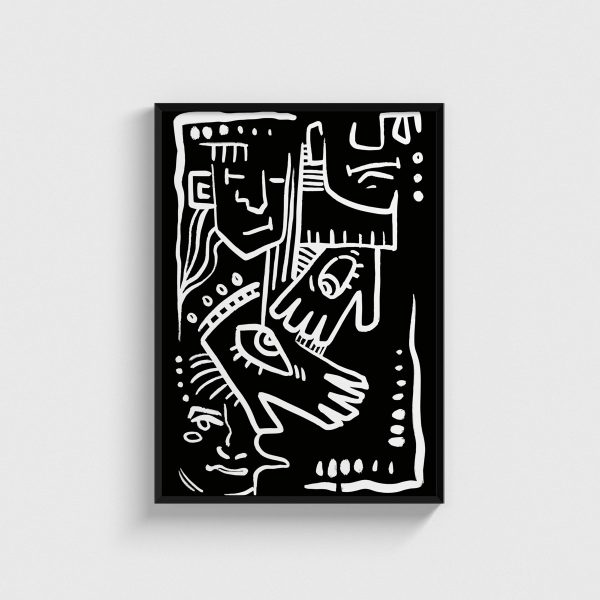 Siyah Zeminde Beyaz Çizgi Figürler line art posteri, siyah çerçeveli tablo