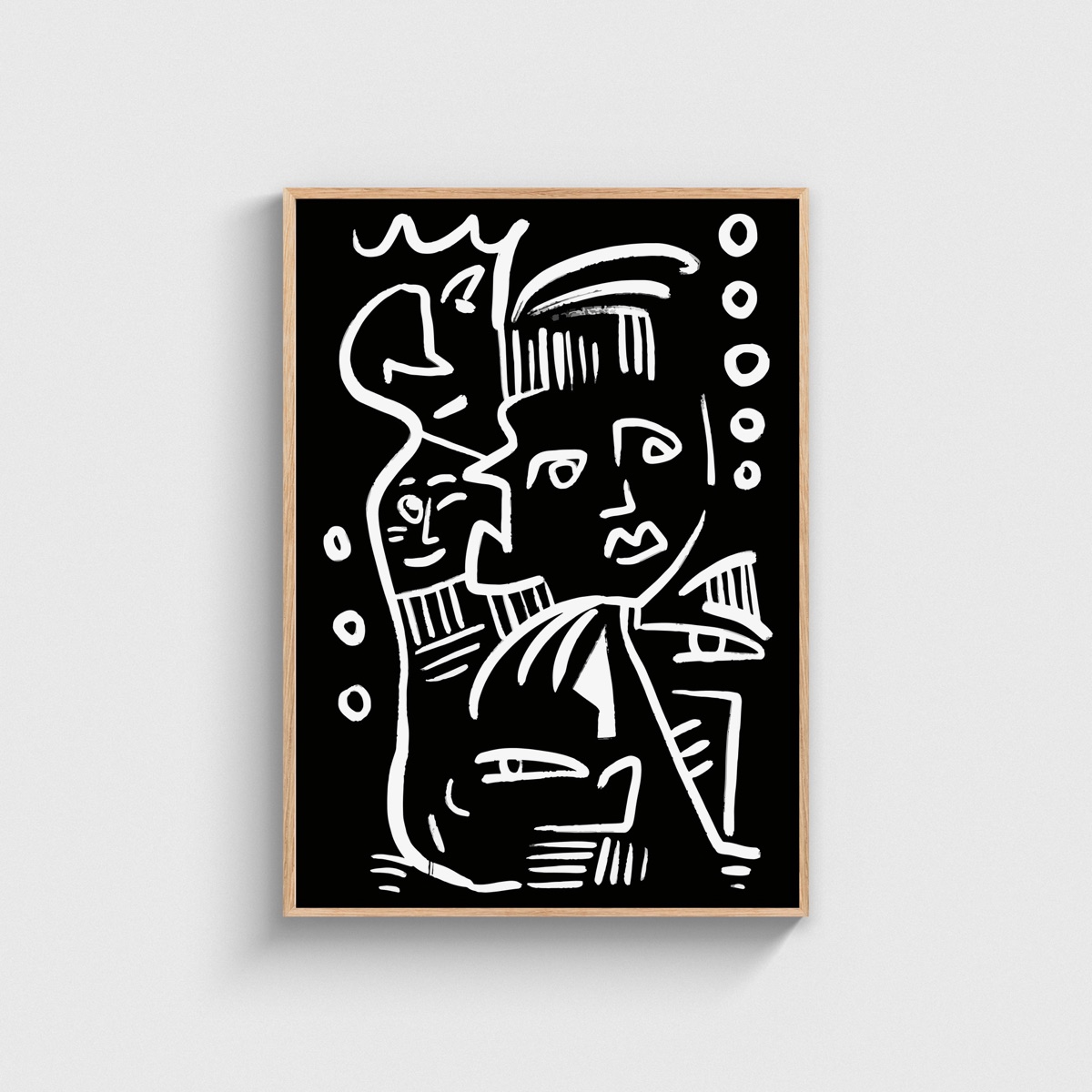 Siyah Beyaz Doodle Yüzler line art posteri, ahşap çerçeveli tablo