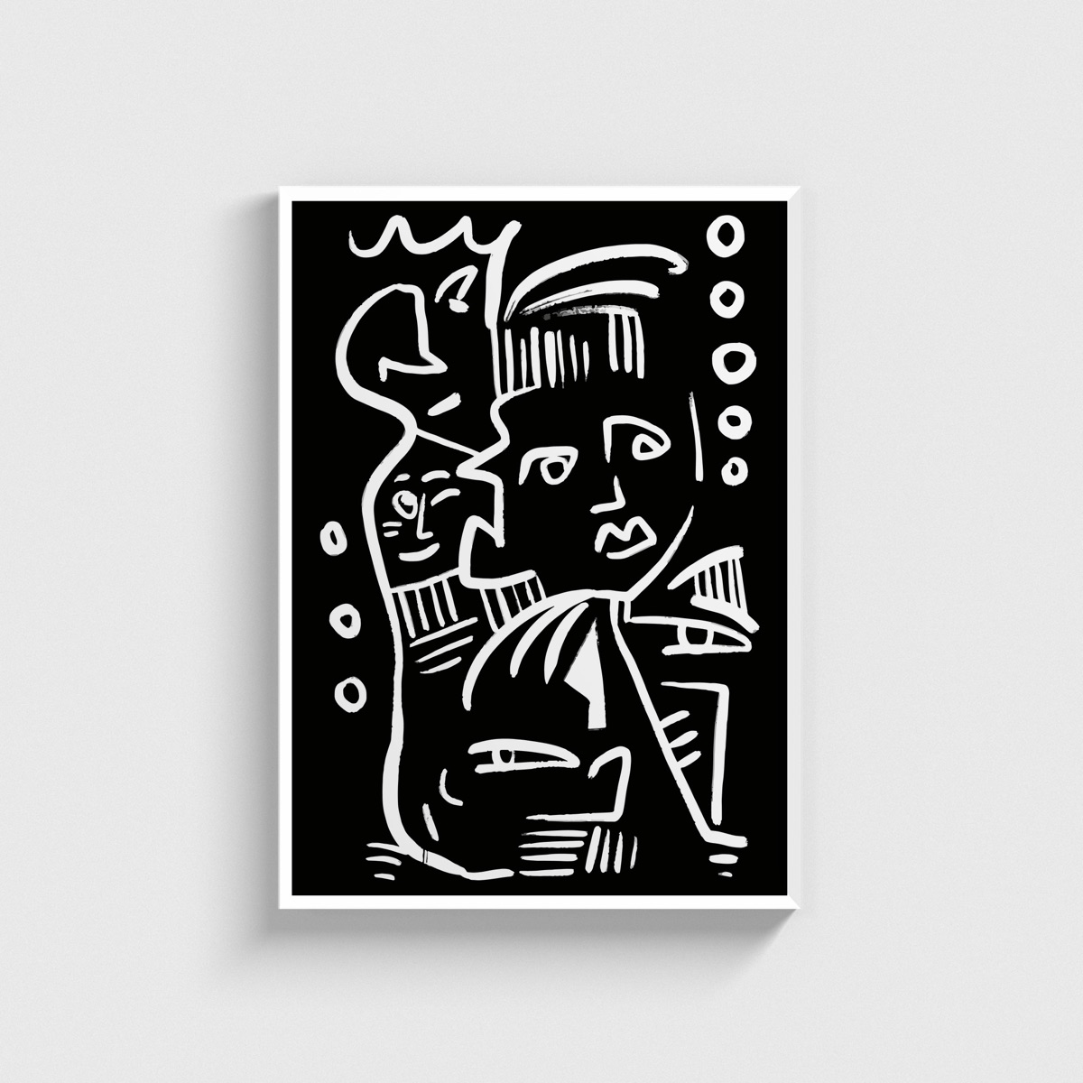 Siyah Beyaz Doodle Yüzler line art posteri, beyaz çerçeveli tablo