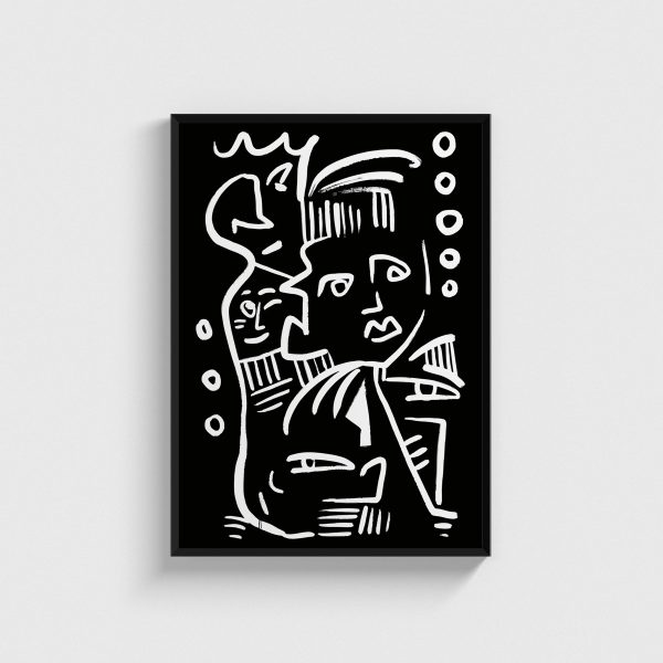 Siyah Beyaz Doodle Yüzler line art posteri, siyah çerçeveli tablo