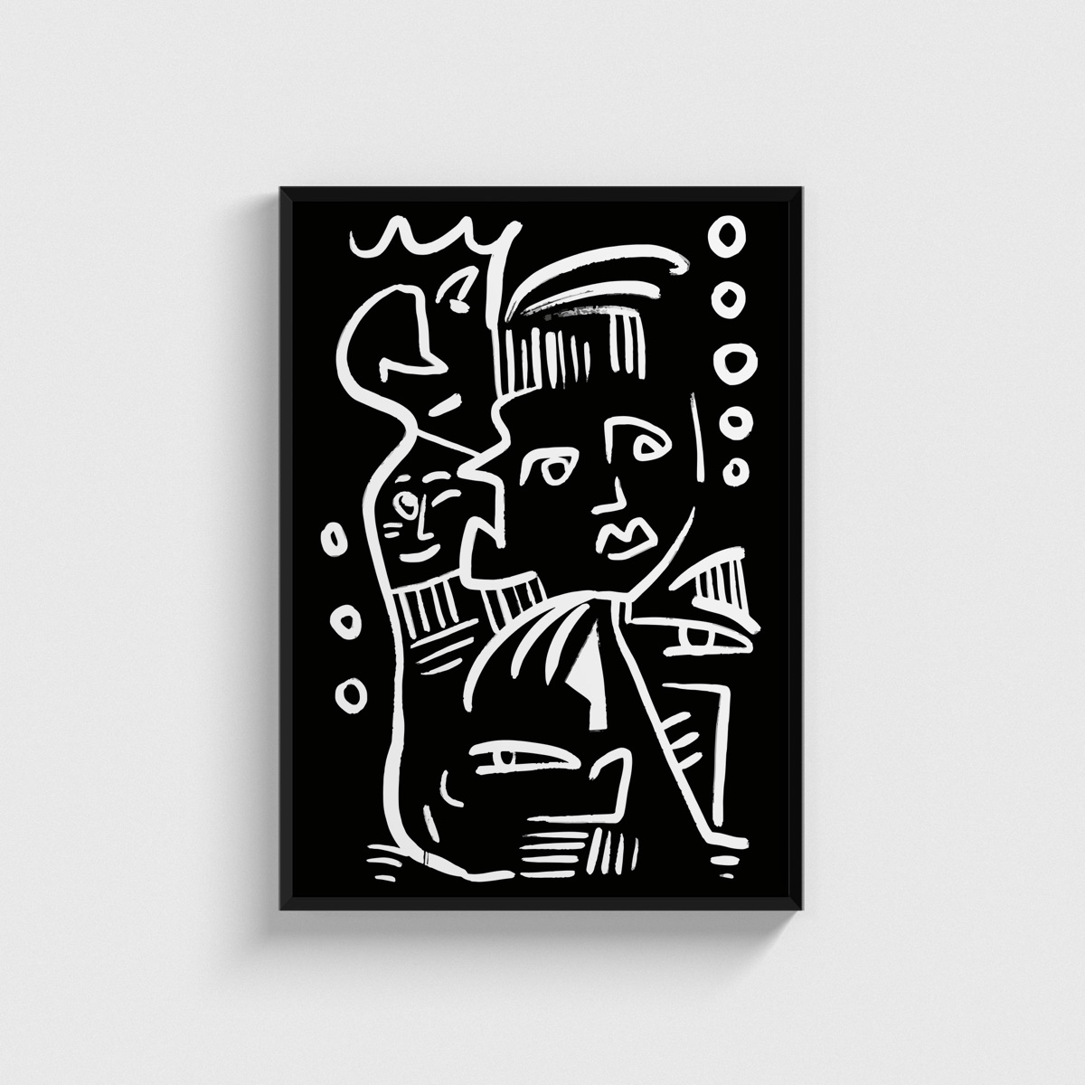 Siyah Beyaz Doodle Yüzler line art posteri, siyah çerçeveli tablo