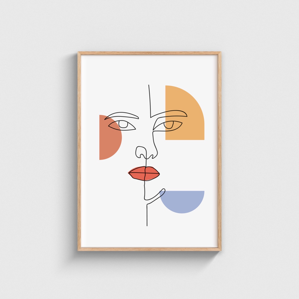 İnce Çizgi Yüz ve Pastel Formlar line art posteri, ahşap çerçeveli tablo