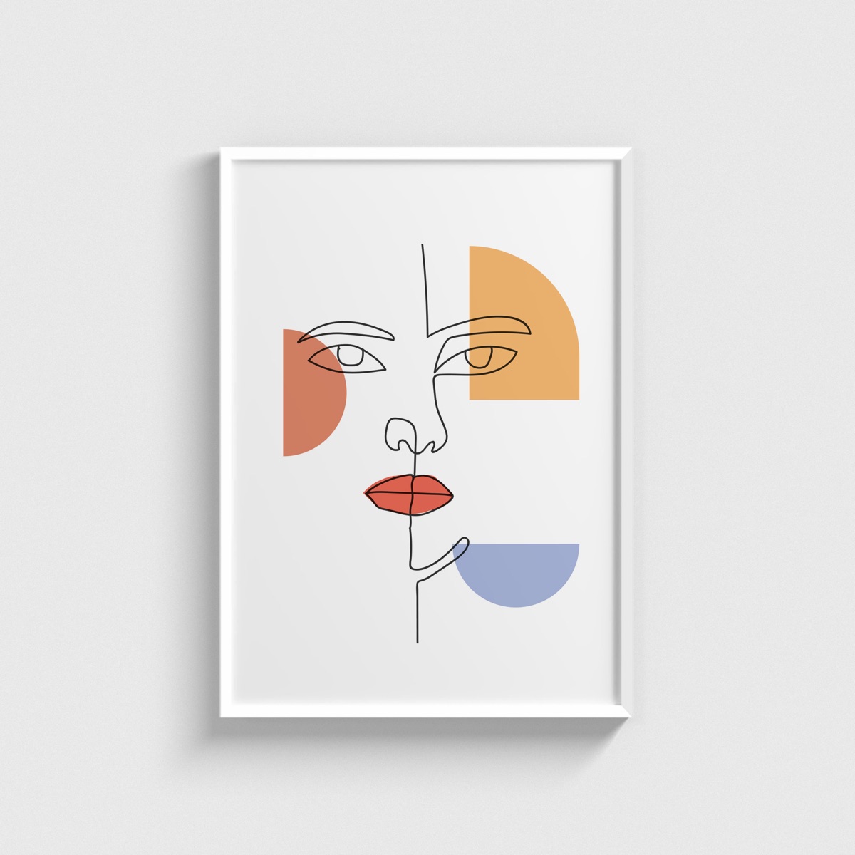 İnce Çizgi Yüz ve Pastel Formlar line art posteri, beyaz çerçeveli tablo