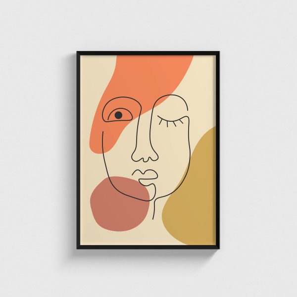 Mercan ve Hardal Tek Çizgi Yüz line art posteri, siyah çerçeveli tablo