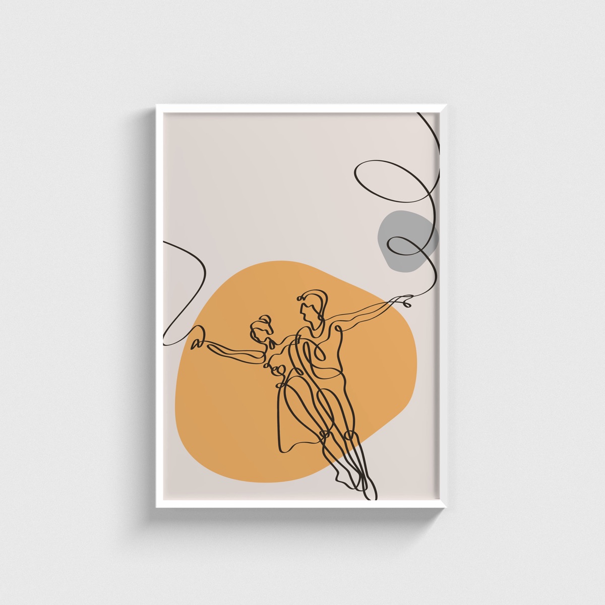 Turuncu Lekeli Dansçı Çift line art posteri, beyaz çerçeveli tablo