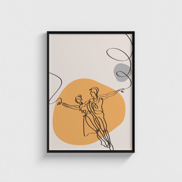 Turuncu Lekeli Dansçı Çift line art posteri, siyah çerçeveli tablo