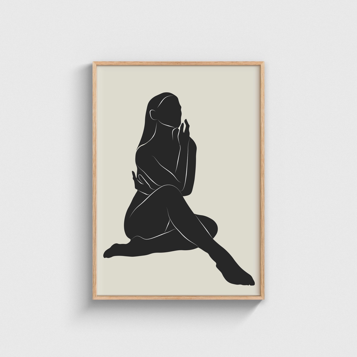 Siyah Oturan Kadın Silueti line art posteri, ahşap çerçeveli tablo
