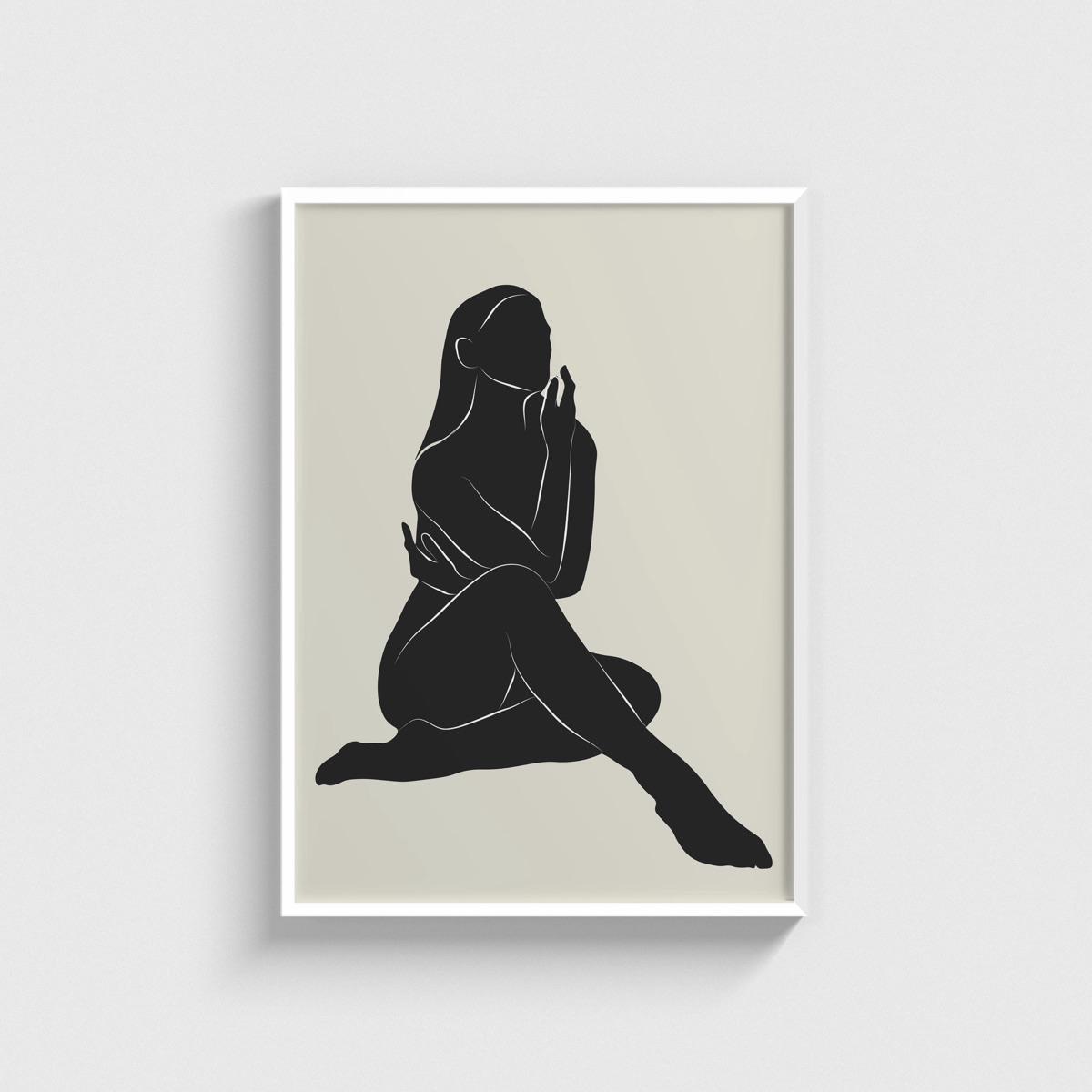 Siyah Oturan Kadın Silueti line art posteri, beyaz çerçeveli tablo