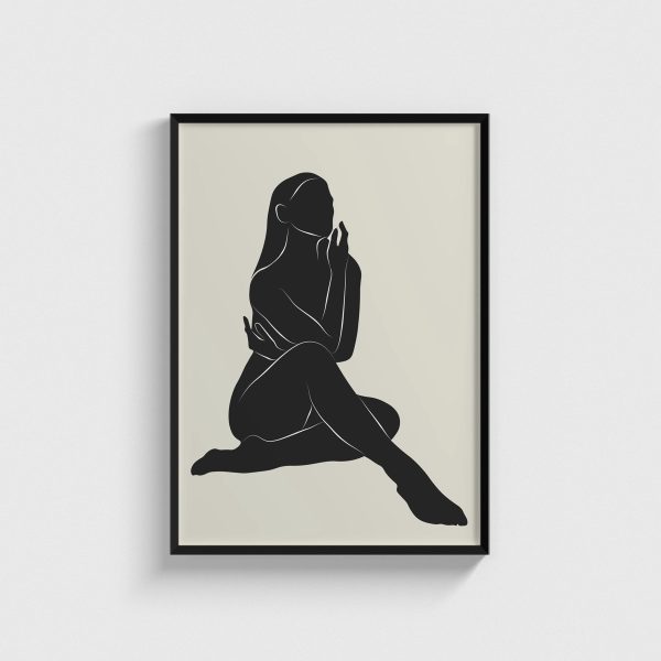 Siyah Oturan Kadın Silueti line art posteri, siyah çerçeveli tablo