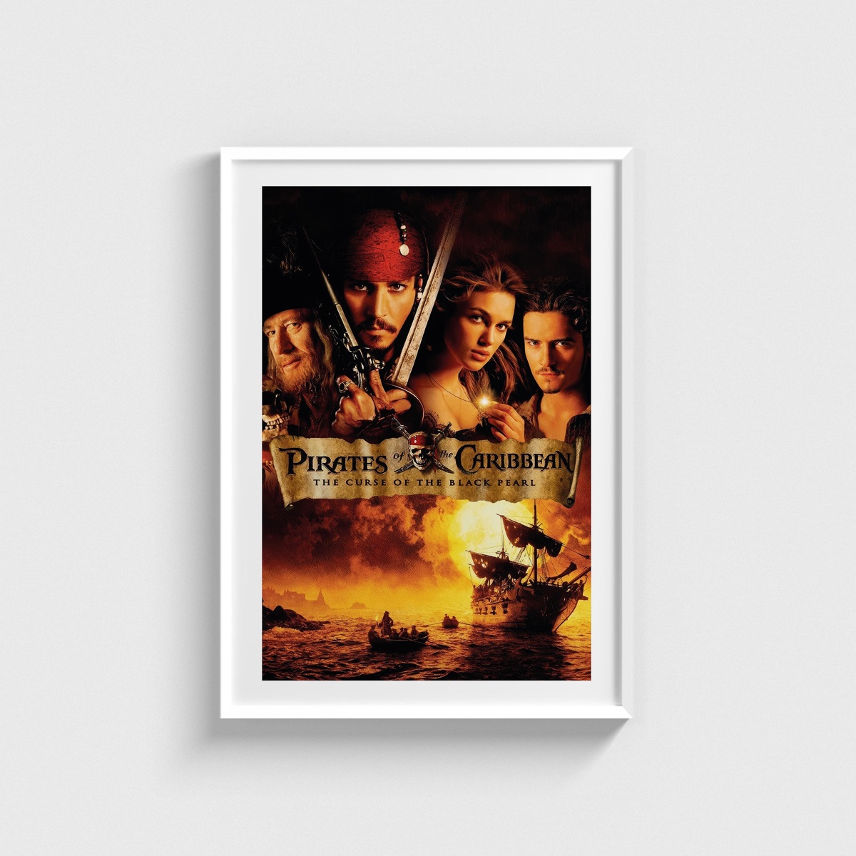 Pirates of the Caribbean The Curse of the Black Pearl film posteri, beyaz çerçeveli tablo