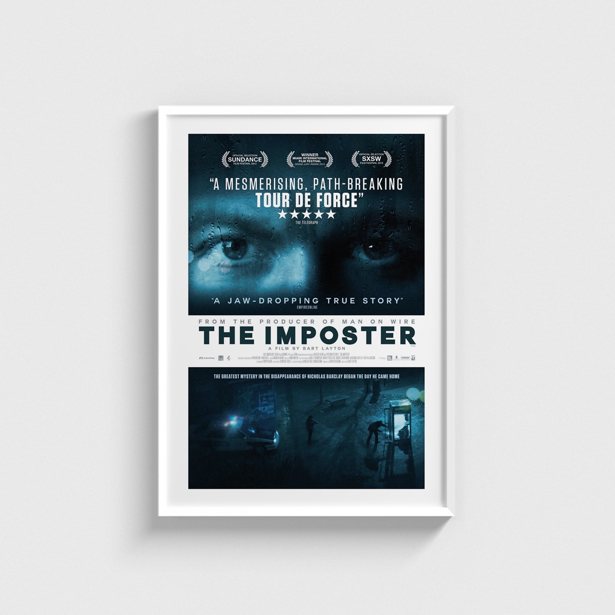 The Imposter film posteri, beyaz çerçeveli tablo