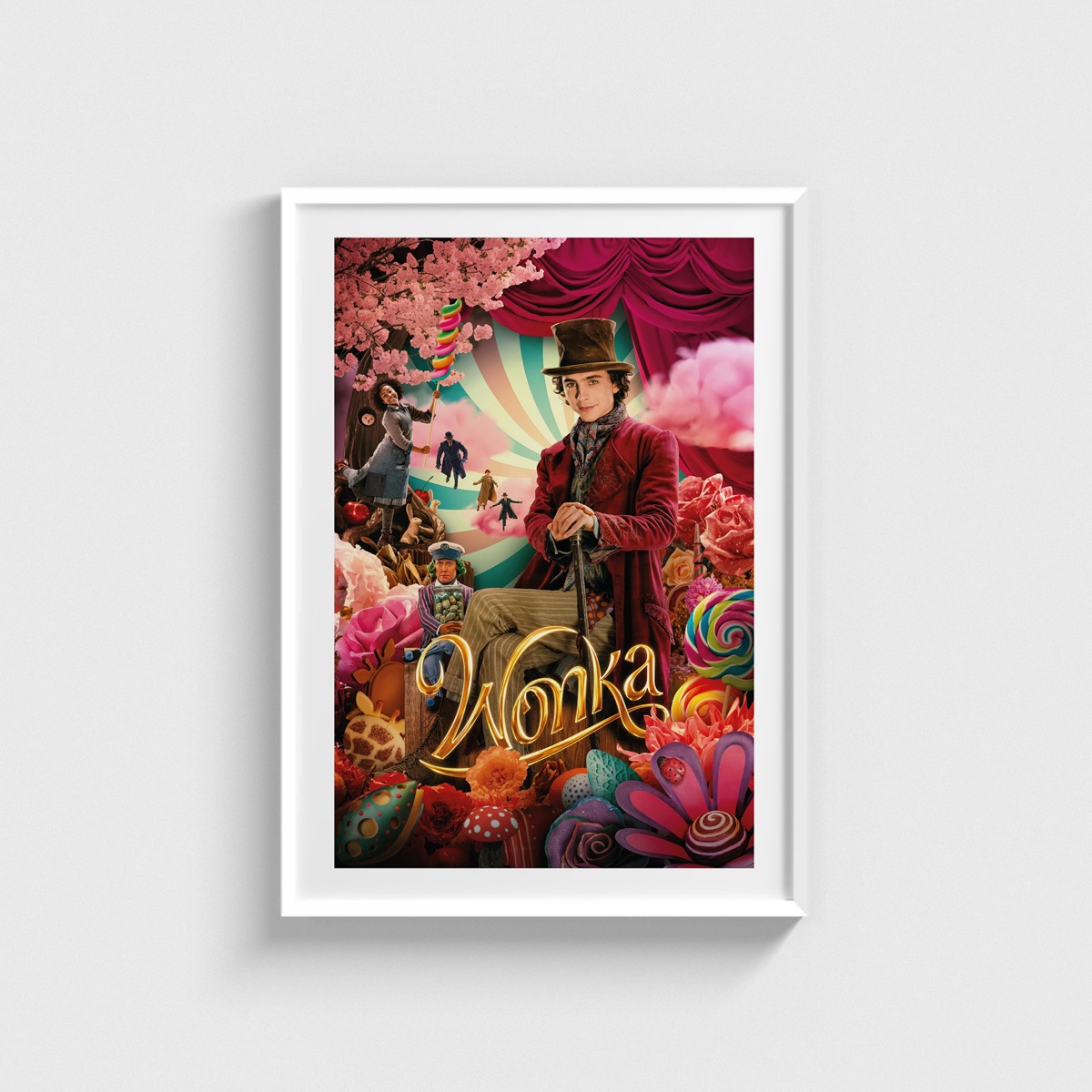 Wonka film posteri, beyaz çerçeveli tablo