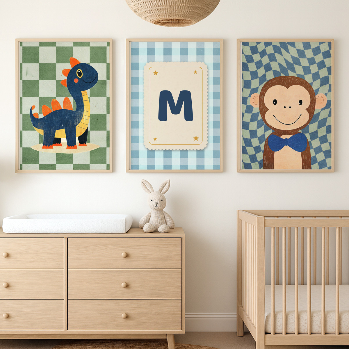 Dinozor ve Maymun Harfli Üçlü Çocuk ve Bebek Odası Poster Seti – bebek odası
