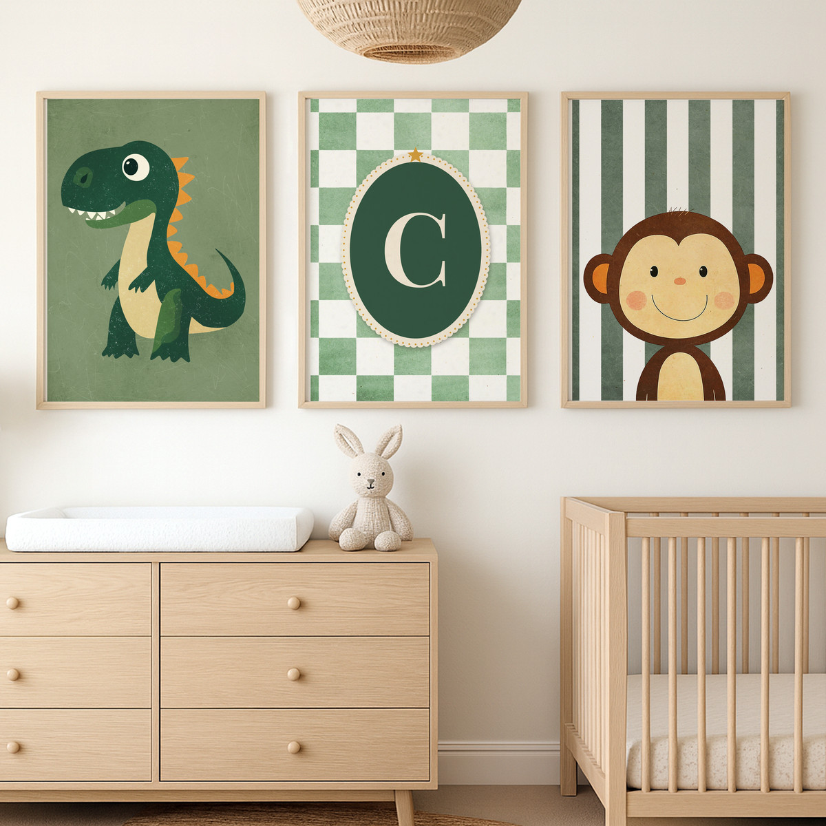 Yeşil Dinozor ve Maymun Harfli Üçlü Çocuk Odası Poster Seti – bebek odası