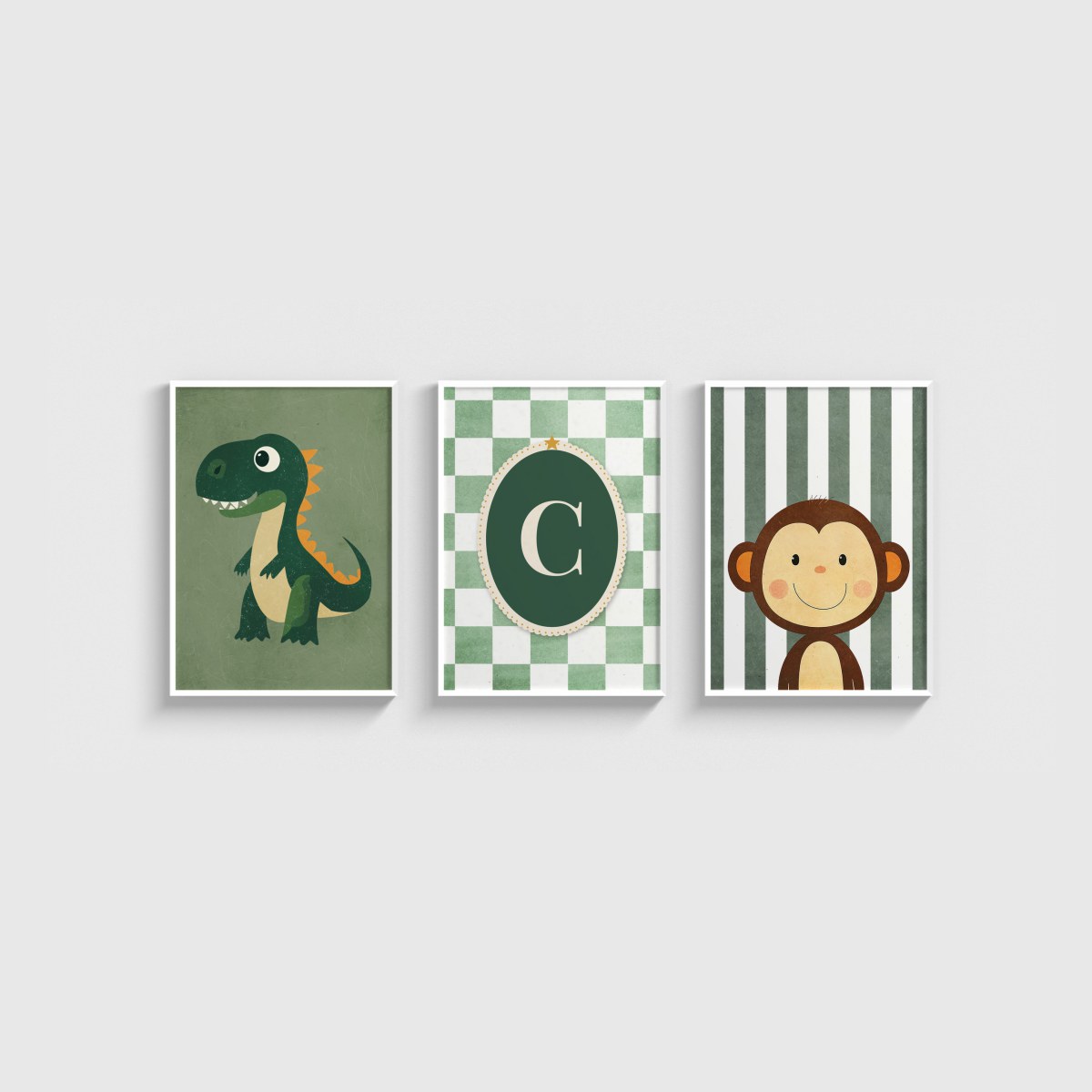Yeşil Dinozor ve Maymun Harfli Üçlü Çocuk ve Bebek Odası Poster Seti, beyaz çerçeveli bebek odası tablo seti