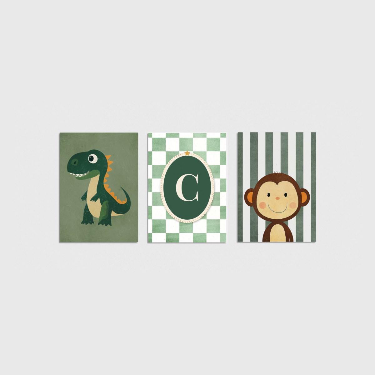 Yeşil Dinozor ve Maymun Harfli Üçlü Çocuk ve Bebek Odası Poster Seti, çerçevesiz bebek odası poster seti