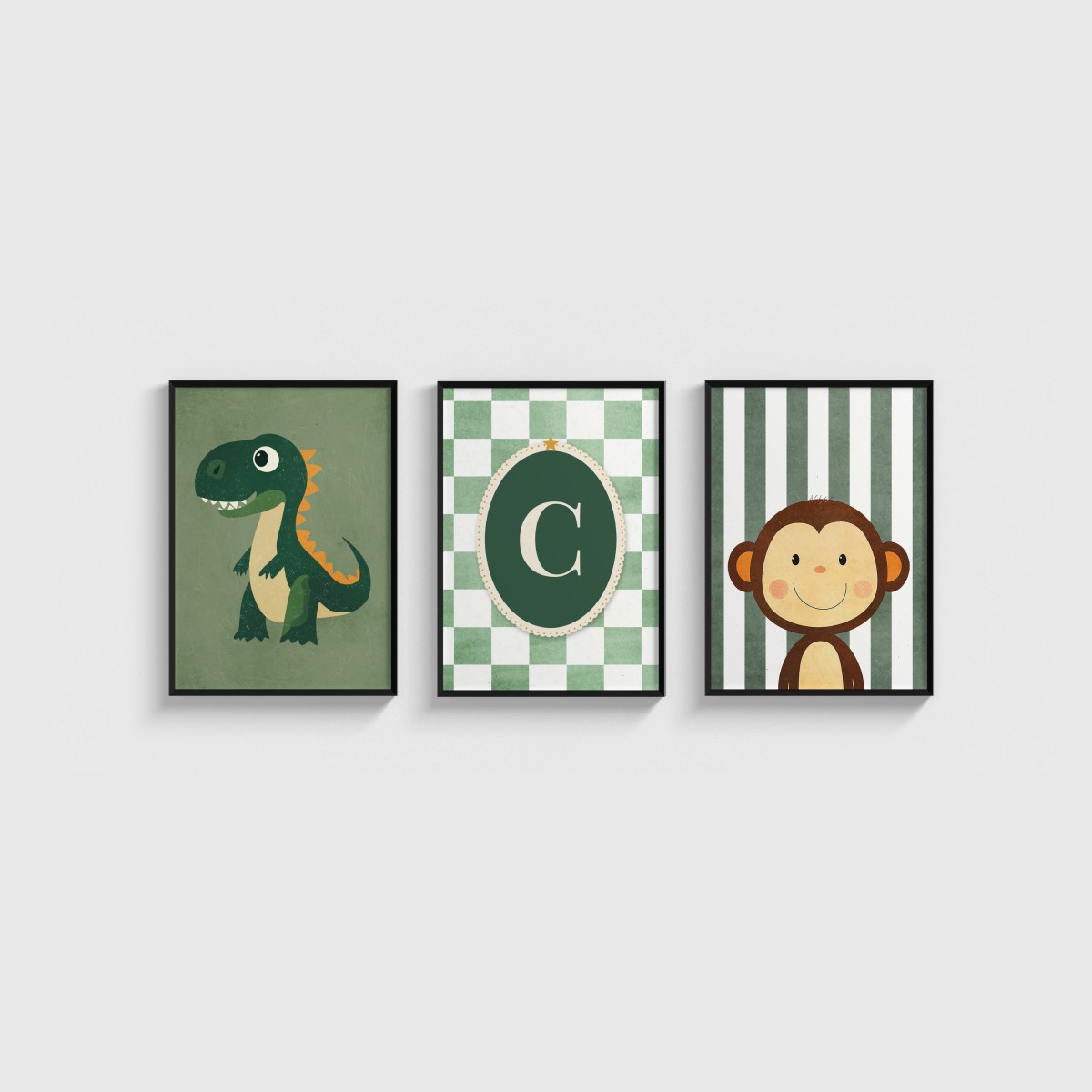 Yeşil Dinozor ve Maymun Harfli Üçlü Çocuk ve Bebek Odası Poster Seti, siyah çerçeveli çocuk odası tablo seti