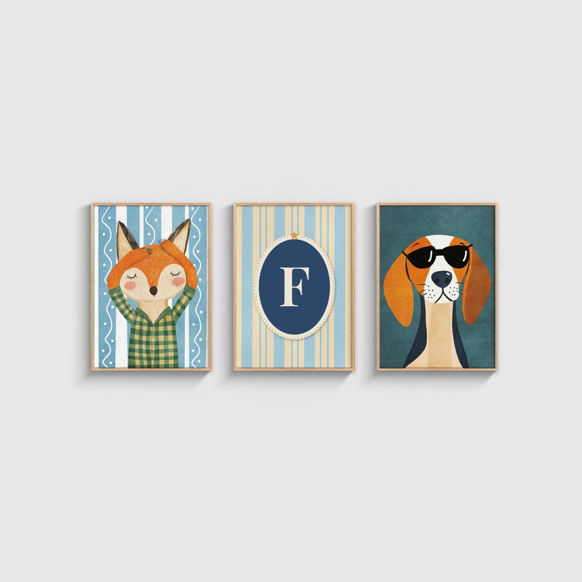 Tilki ve Beagle Harfli Üçlü Çocuk ve Bebek Odası Poster Seti, ahşap çerçeveli çocuk odası tablo seti