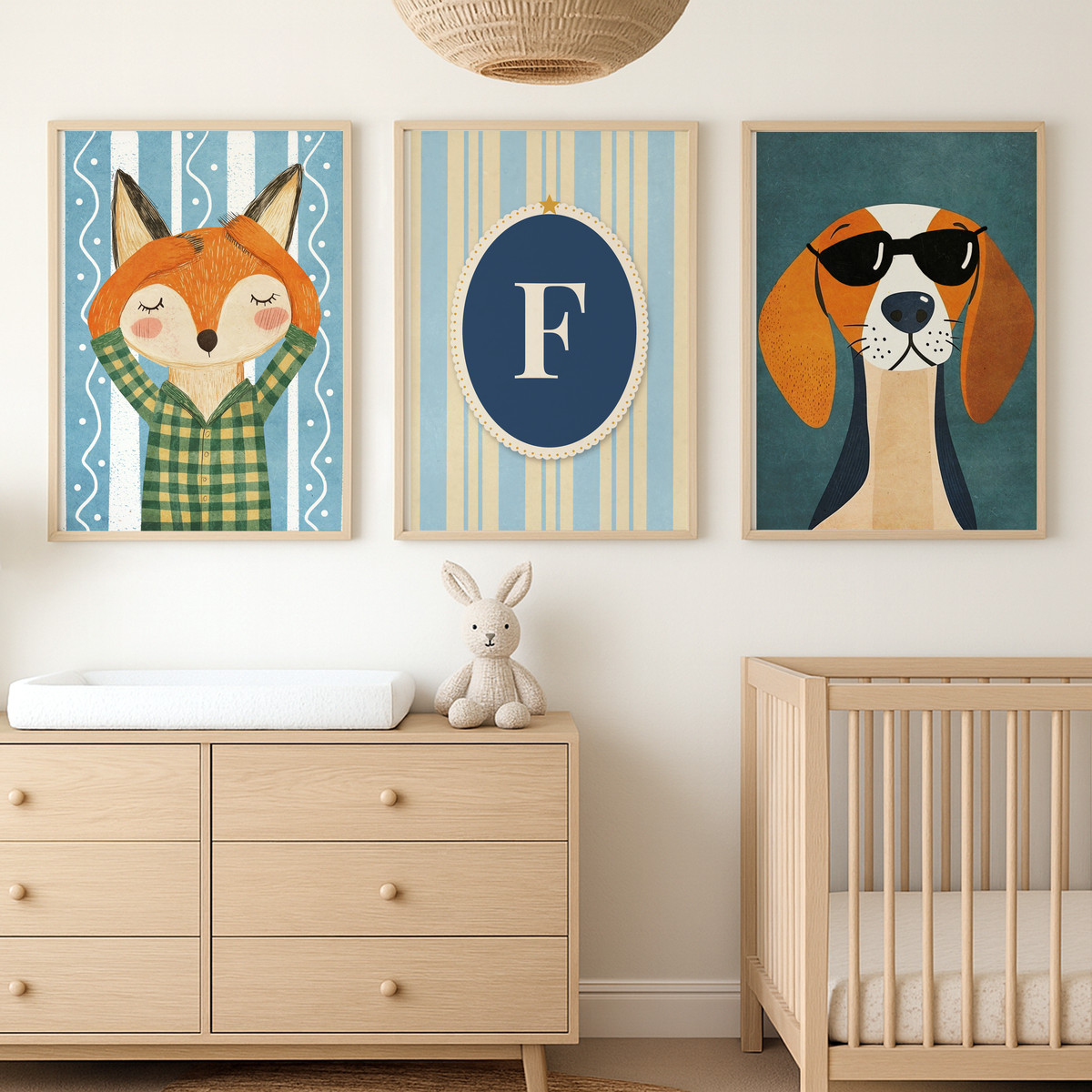 Tilki ve Beagle Harfli Üçlü Çocuk Odası Poster Seti – bebek odası