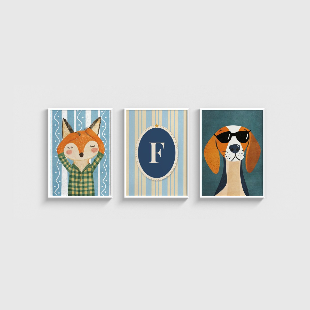 Tilki ve Beagle Harfli Üçlü Çocuk ve Bebek Odası Poster Seti, beyaz çerçeveli bebek odası tablo seti