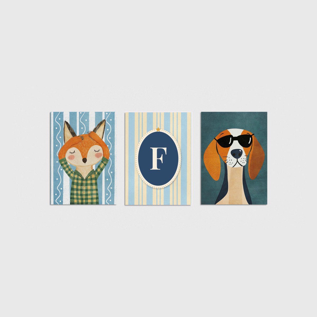 Tilki ve Beagle Harfli Üçlü Çocuk ve Bebek Odası Poster Seti, çerçevesiz bebek odası poster seti