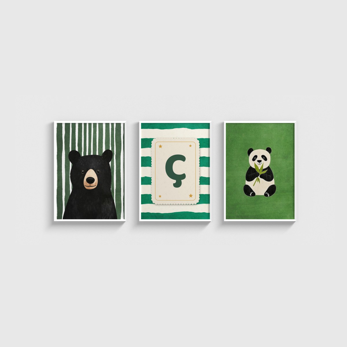 Ayı ve Panda Harfli Üçlü Çocuk ve Bebek Odası Poster Seti, beyaz çerçeveli bebek odası tablo seti