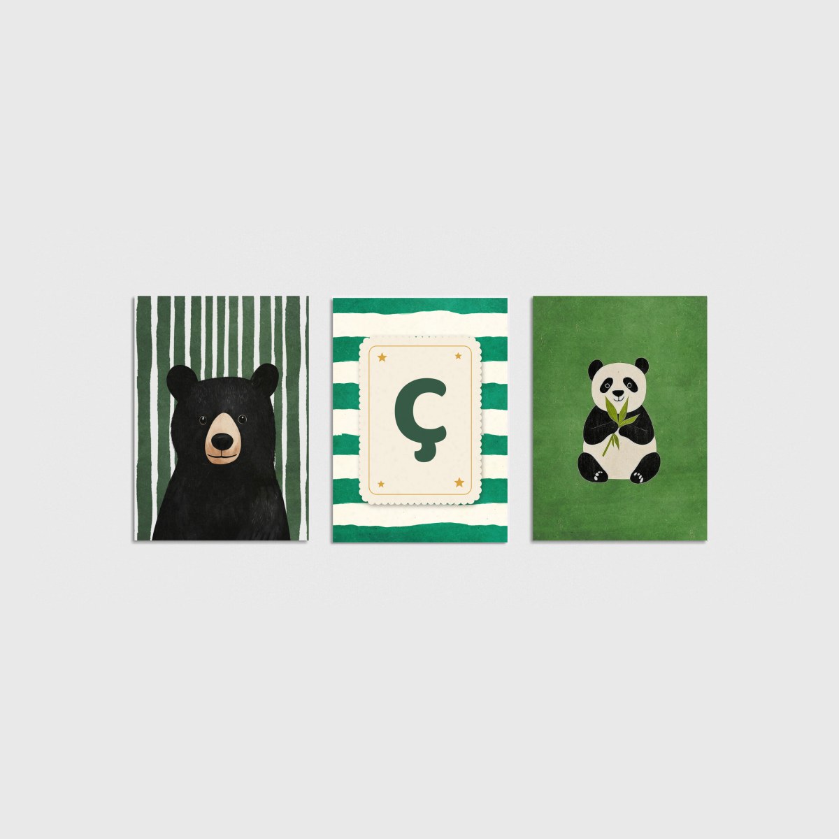 Ayı ve Panda Harfli Üçlü Çocuk ve Bebek Odası Poster Seti, çerçevesiz bebek odası poster seti