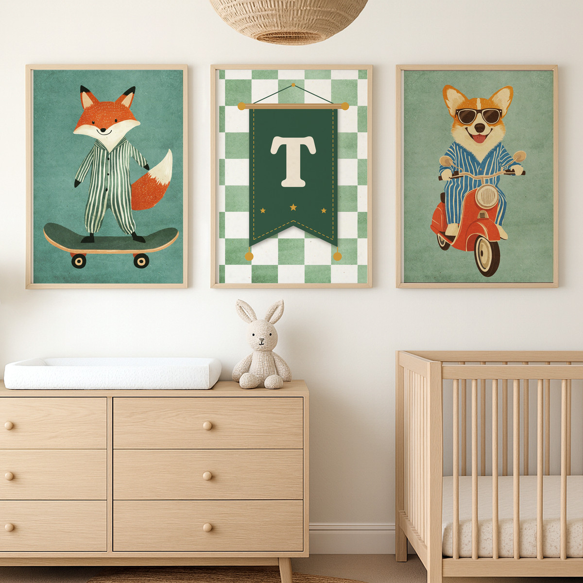 Tilki ve Motorcu Köpek Harfli Üçlü Çocuk ve Bebek Odası Poster Seti – bebek odası