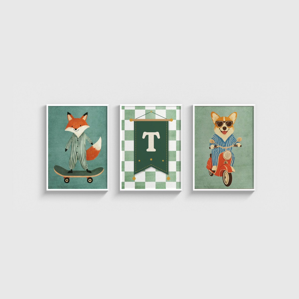 Tilki ve Motorcu Köpek Harfli Üçlü Çocuk ve Bebek Odası Poster Seti, beyaz çerçeveli bebek odası tablo seti