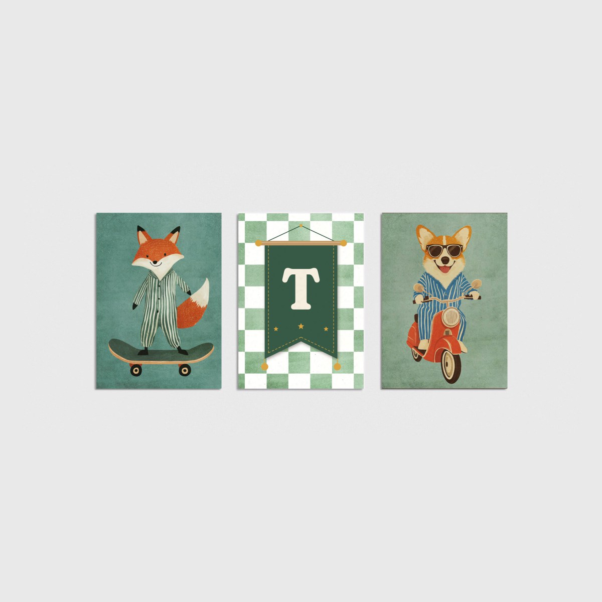 Tilki ve Motorcu Köpek Harfli Üçlü Çocuk ve Bebek Odası Poster Seti, çerçevesiz bebek odası poster seti