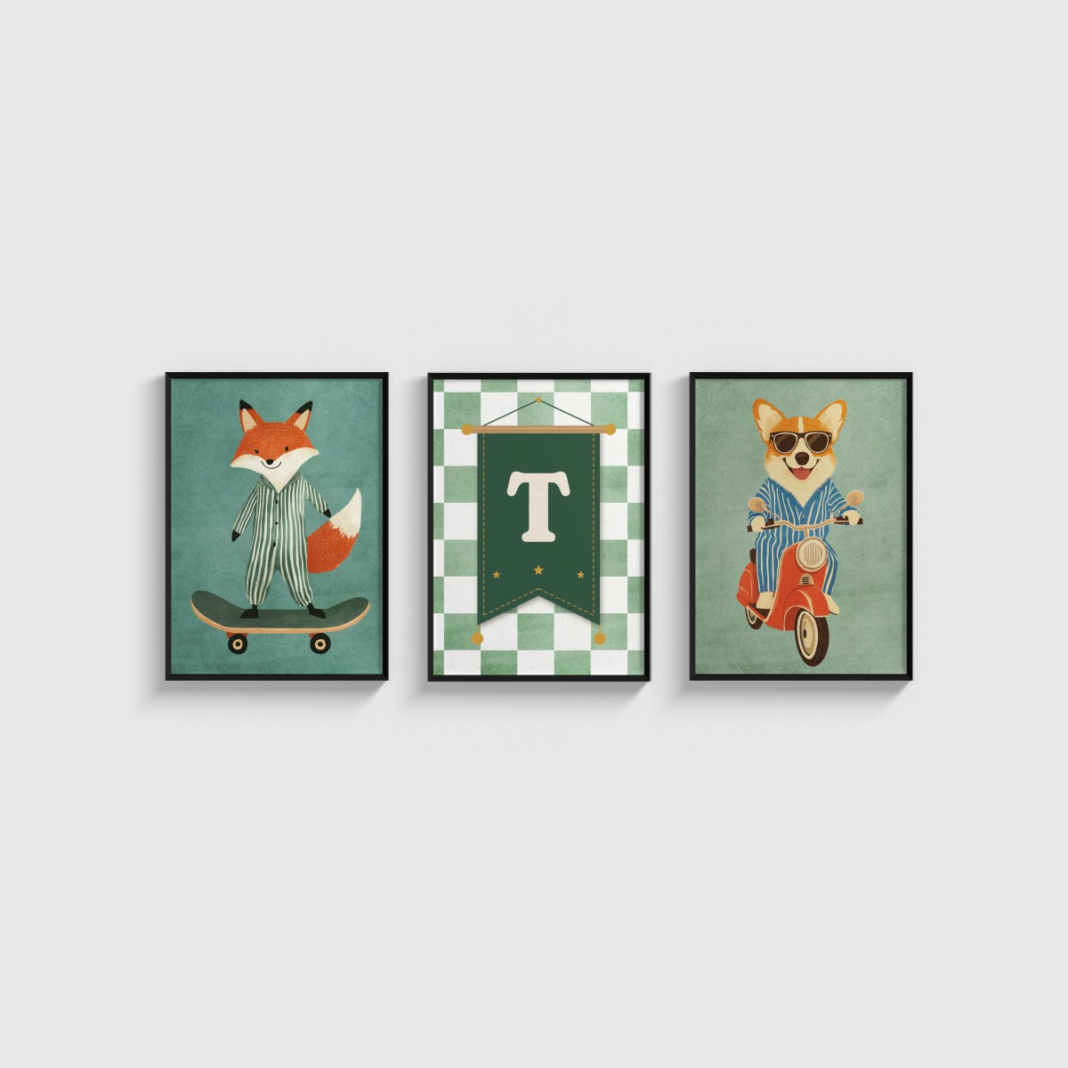 Tilki ve Motorcu Köpek Harfli Üçlü Çocuk ve Bebek Odası Poster Seti, siyah çerçeveli çocuk odası tablo seti