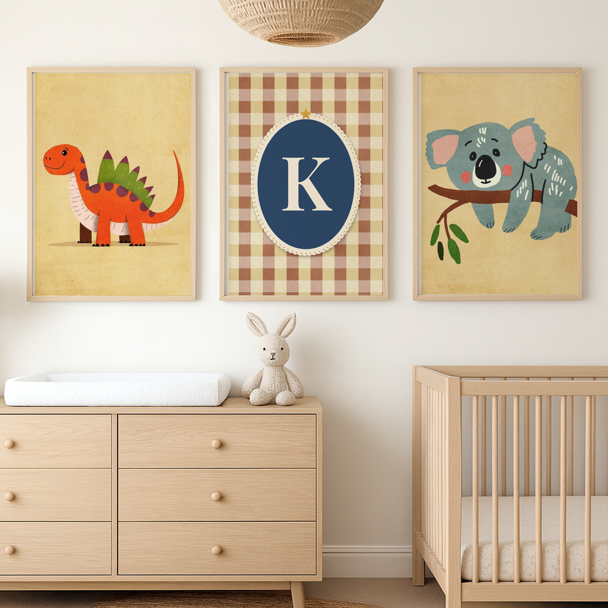 Dinozor ve Koala Harfli Üçlü Çocuk Odası Poster Seti – bebek odası