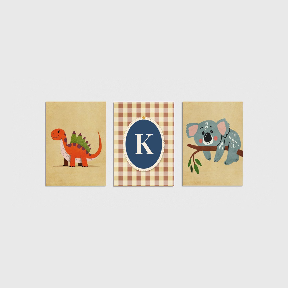 Dinozor ve Koala Harfli Üçlü Çocuk ve Bebek Odası Poster Seti, çerçevesiz bebek odası poster seti