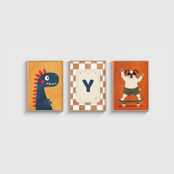 Dinozor ve Kaykaycı Köpek Harfli Üçlü Çocuk ve Bebek Odası Poster Seti, ahşap çerçeveli çocuk odası tablo seti