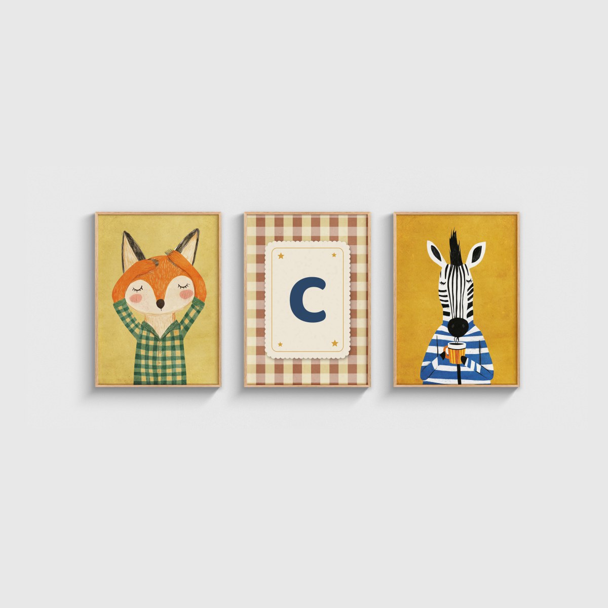 Tilki ve Zebra Harfli Üçlü Çocuk ve Bebek Odası Poster Seti, ahşap çerçeveli çocuk odası tablo seti