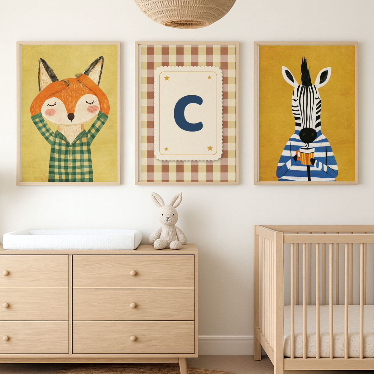 Tilki ve Zebra Harfli Üçlü Çocuk Odası Poster Seti – bebek odası