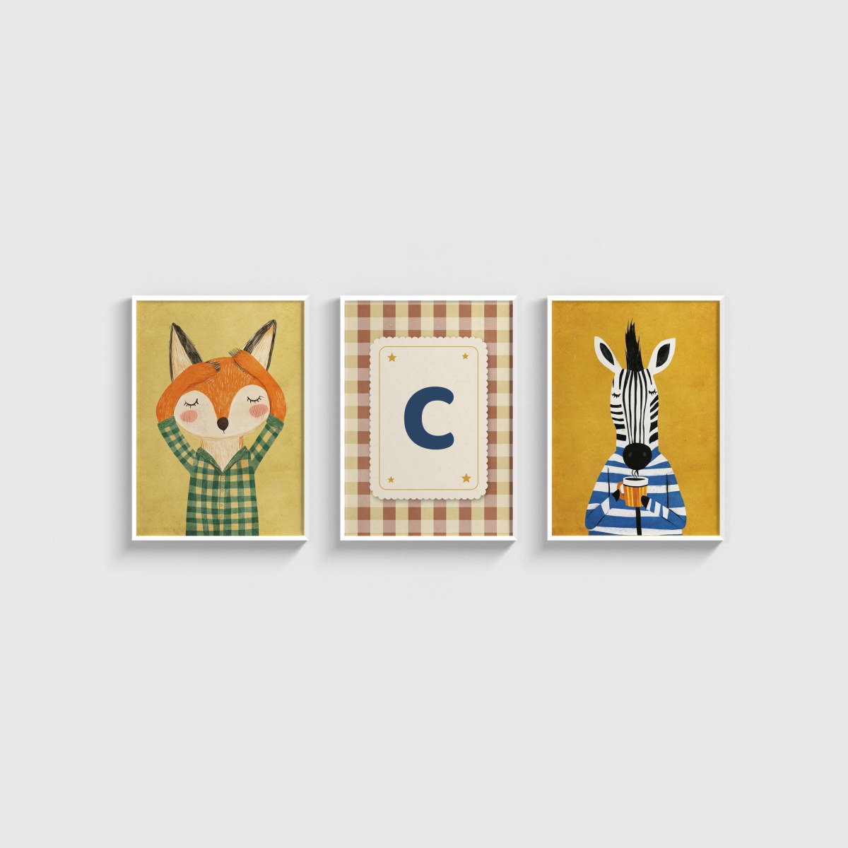Tilki ve Zebra Harfli Üçlü Çocuk ve Bebek Odası Poster Seti, beyaz çerçeveli bebek odası tablo seti