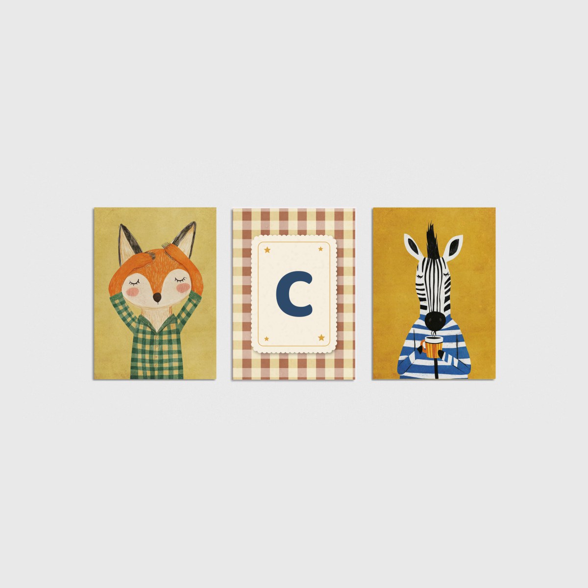 Tilki ve Zebra Harfli Üçlü Çocuk ve Bebek Odası Poster Seti, çerçevesiz bebek odası poster seti