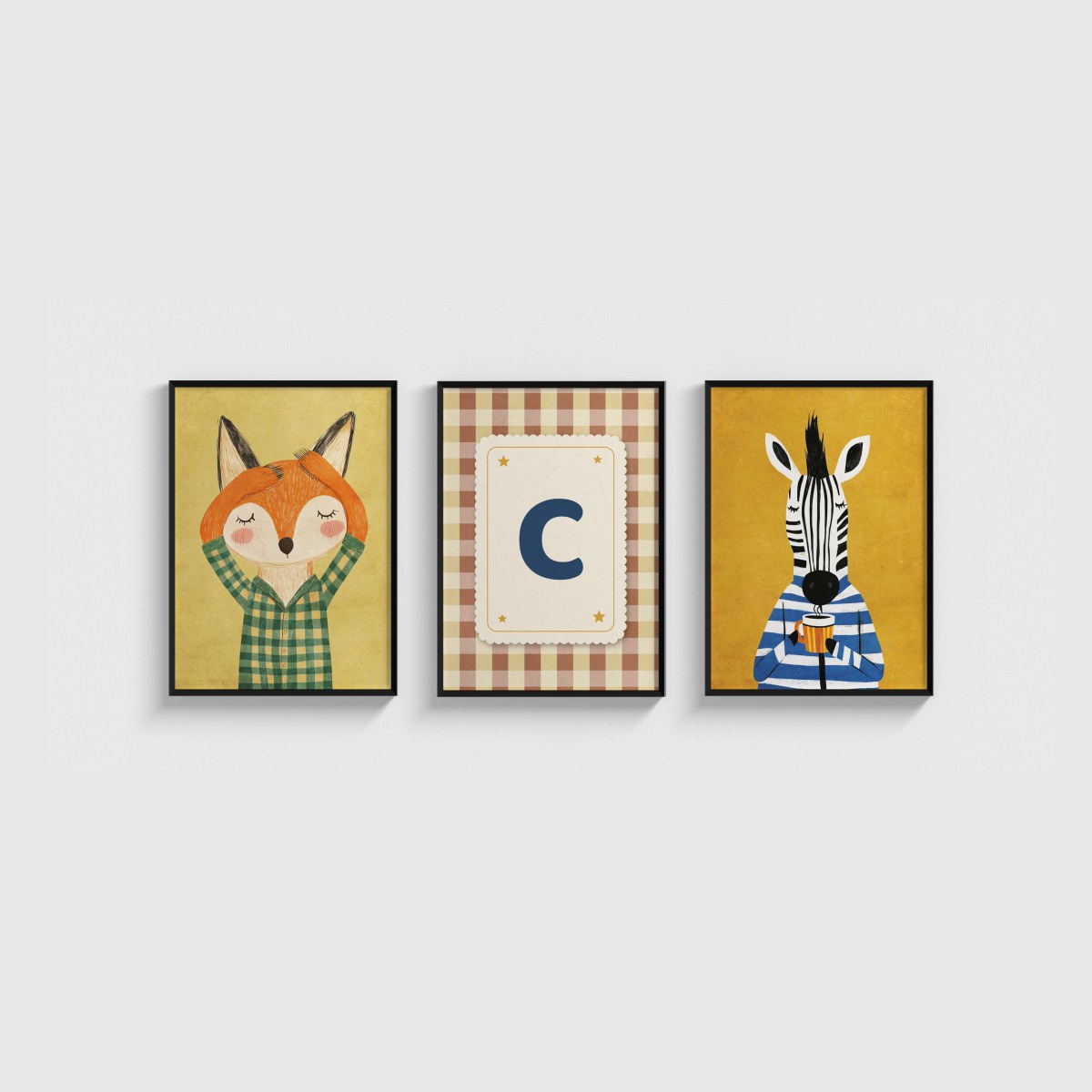 Tilki ve Zebra Harfli Üçlü Çocuk ve Bebek Odası Poster Seti, siyah çerçeveli çocuk odası tablo seti