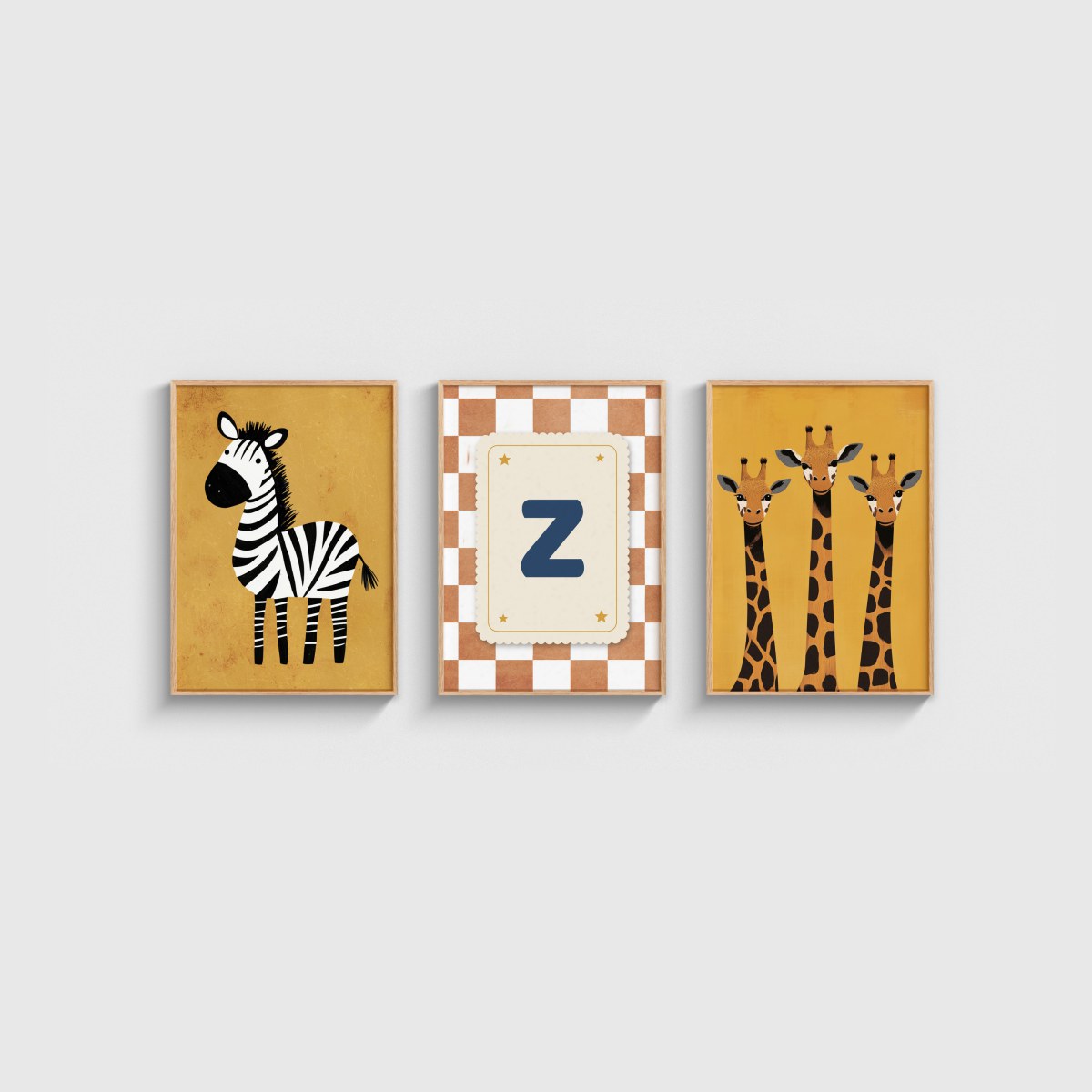 Zebra ve Zürafalar Harfli Üçlü Çocuk ve Bebek Odası Poster Seti, ahşap çerçeveli çocuk odası tablo seti