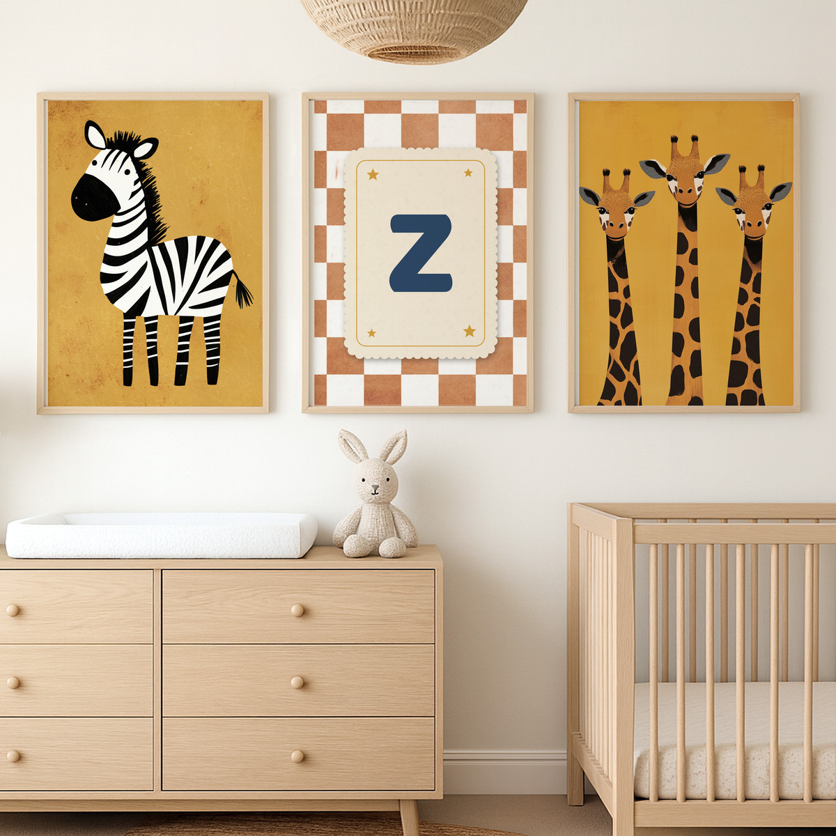 Zebra ve Zürafalar Harfli Üçlü Çocuk Odası Poster Seti – bebek odası