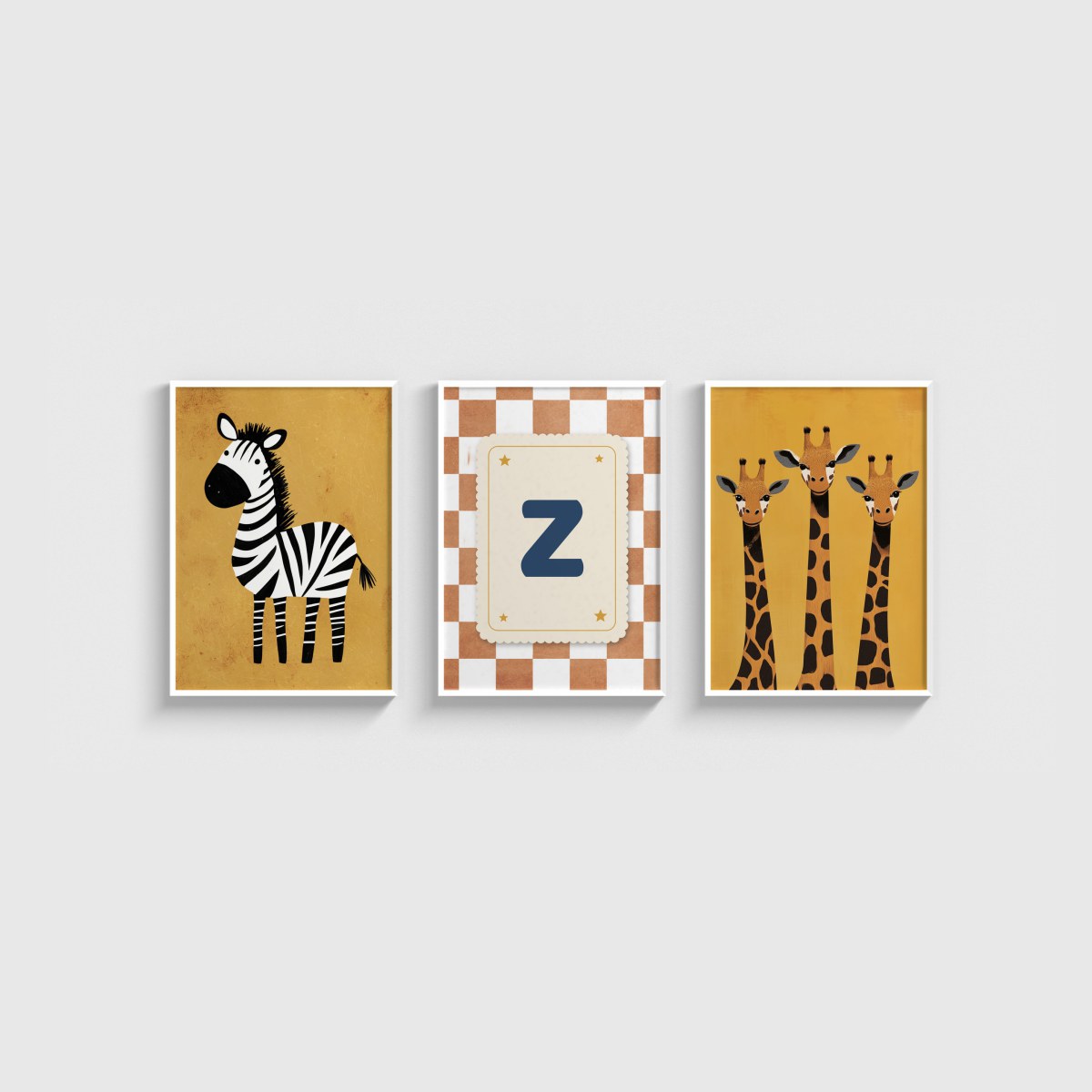 Zebra ve Zürafalar Harfli Üçlü Çocuk ve Bebek Odası Poster Seti, beyaz çerçeveli bebek odası tablo seti
