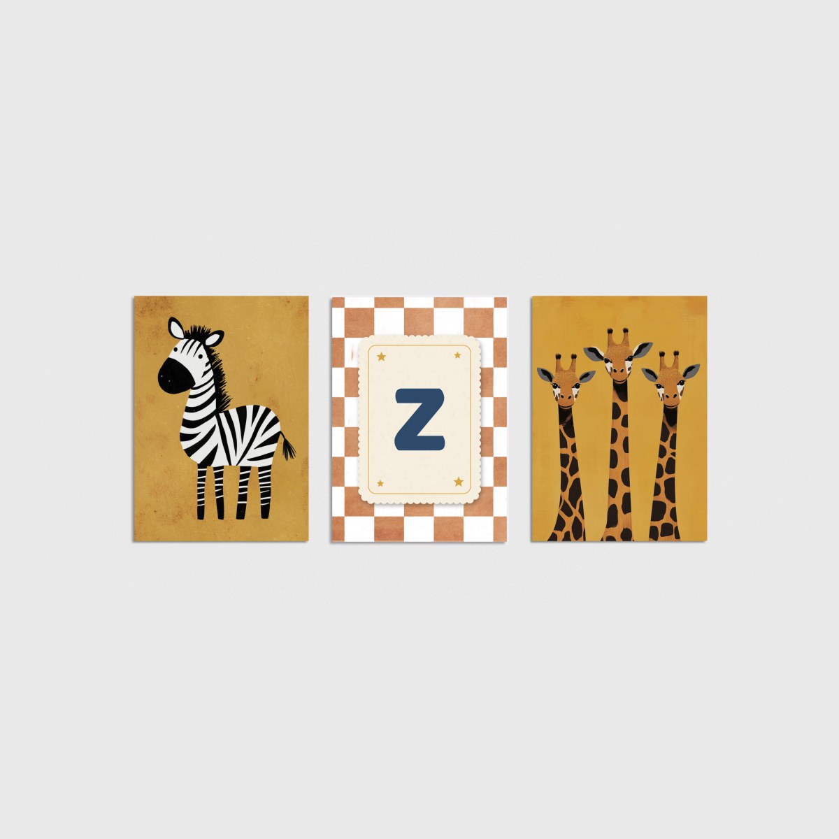 Zebra ve Zürafalar Harfli Üçlü Çocuk ve Bebek Odası Poster Seti, çerçevesiz bebek odası poster seti
