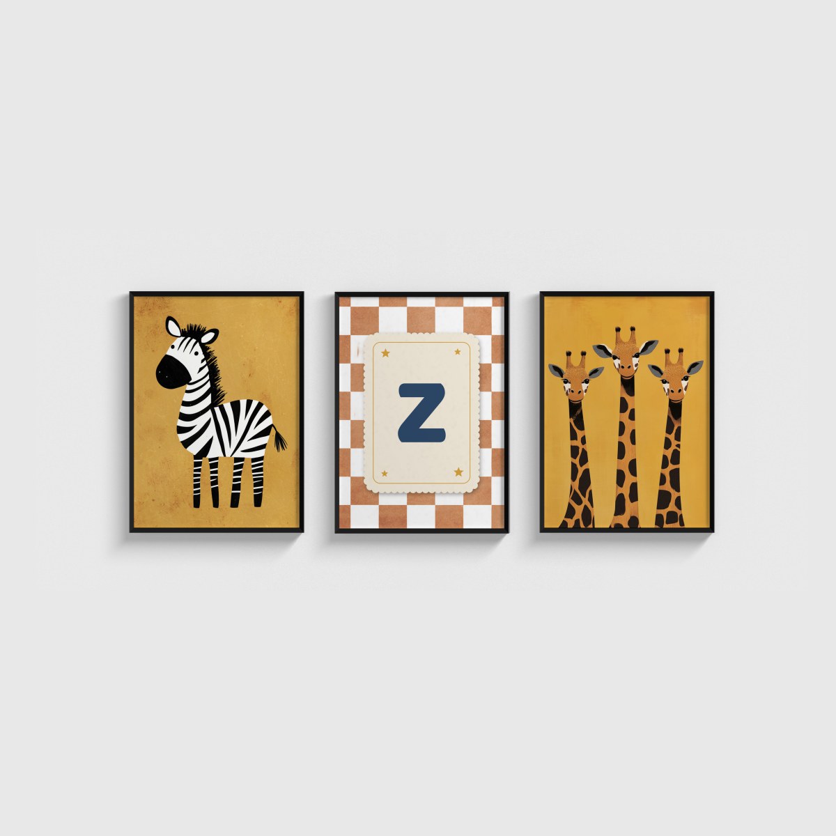 Zebra ve Zürafalar Harfli Üçlü Çocuk ve Bebek Odası Poster Seti, siyah çerçeveli çocuk odası tablo seti