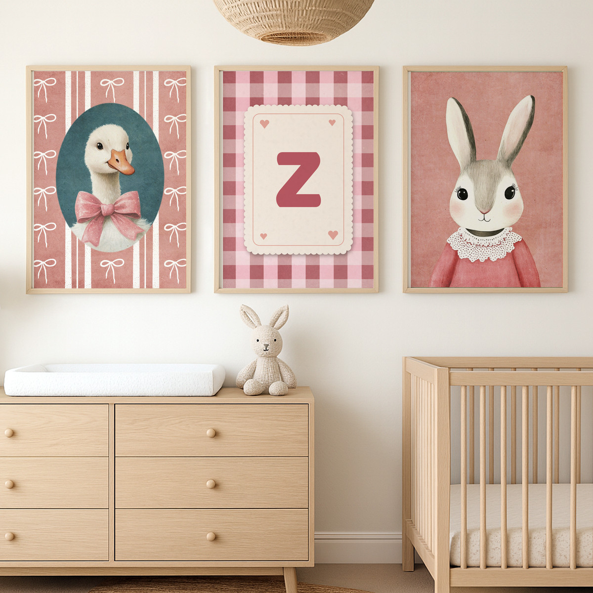 Fiyonklu Ördek ve Dantel Yakalı Tavşan Harfli Üçlü Çocuk Odası Poster Seti – bebek odası