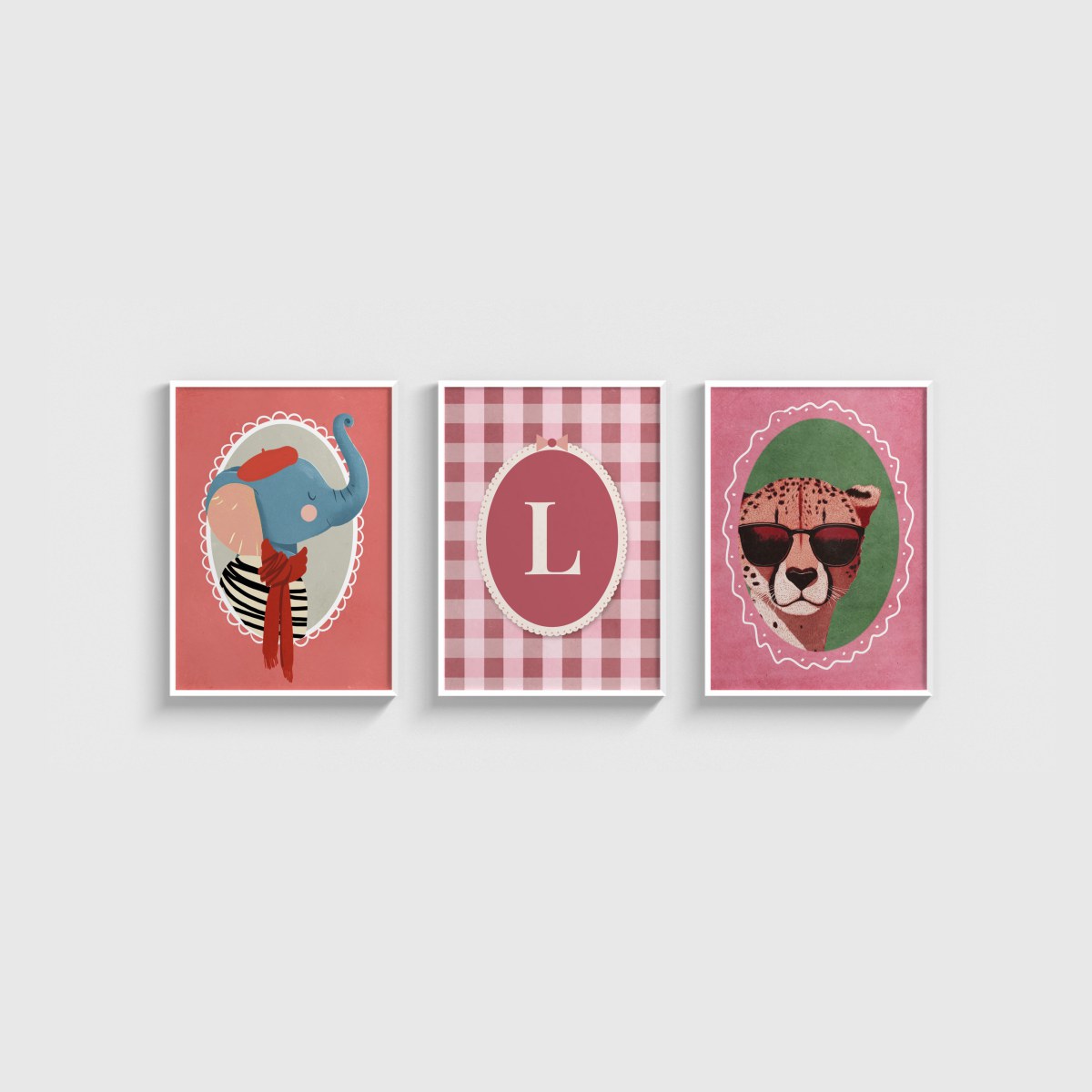 Fil ve Çita Harfli Üçlü Çocuk ve Bebek Odası Poster Seti, beyaz çerçeveli bebek odası tablo seti