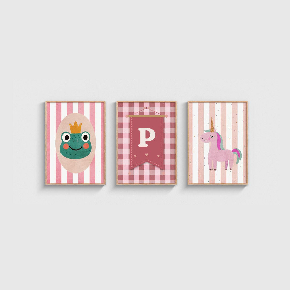 Kurbağa Prens ve Unicorn Harfli Üçlü Çocuk ve Bebek Odası Poster Seti, ahşap çerçeveli çocuk odası tablo seti